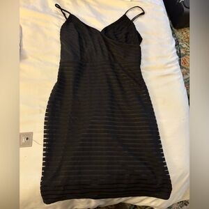 le château Strapless Black Sheer-Striped Bodycon Dress